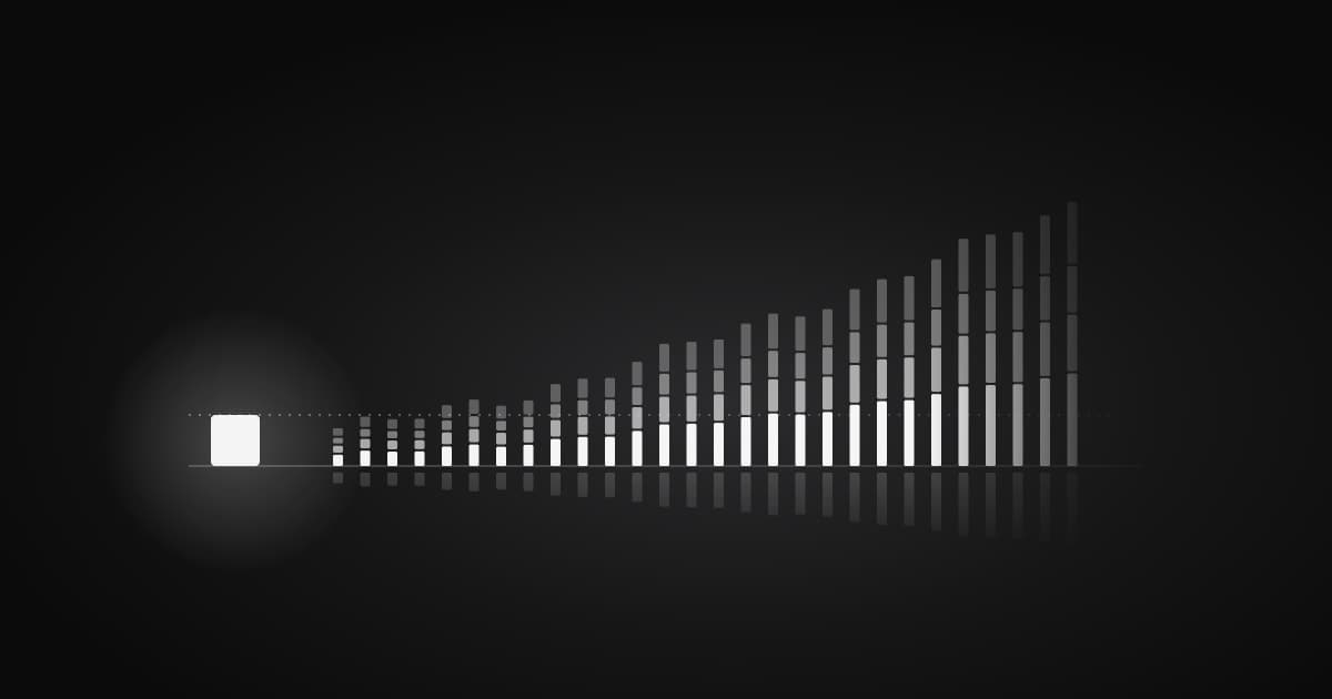 A small white square beside a row of stacked segments that rise steadily from left to right on a dark background, suggesting a single build growing into a mounting running cost.